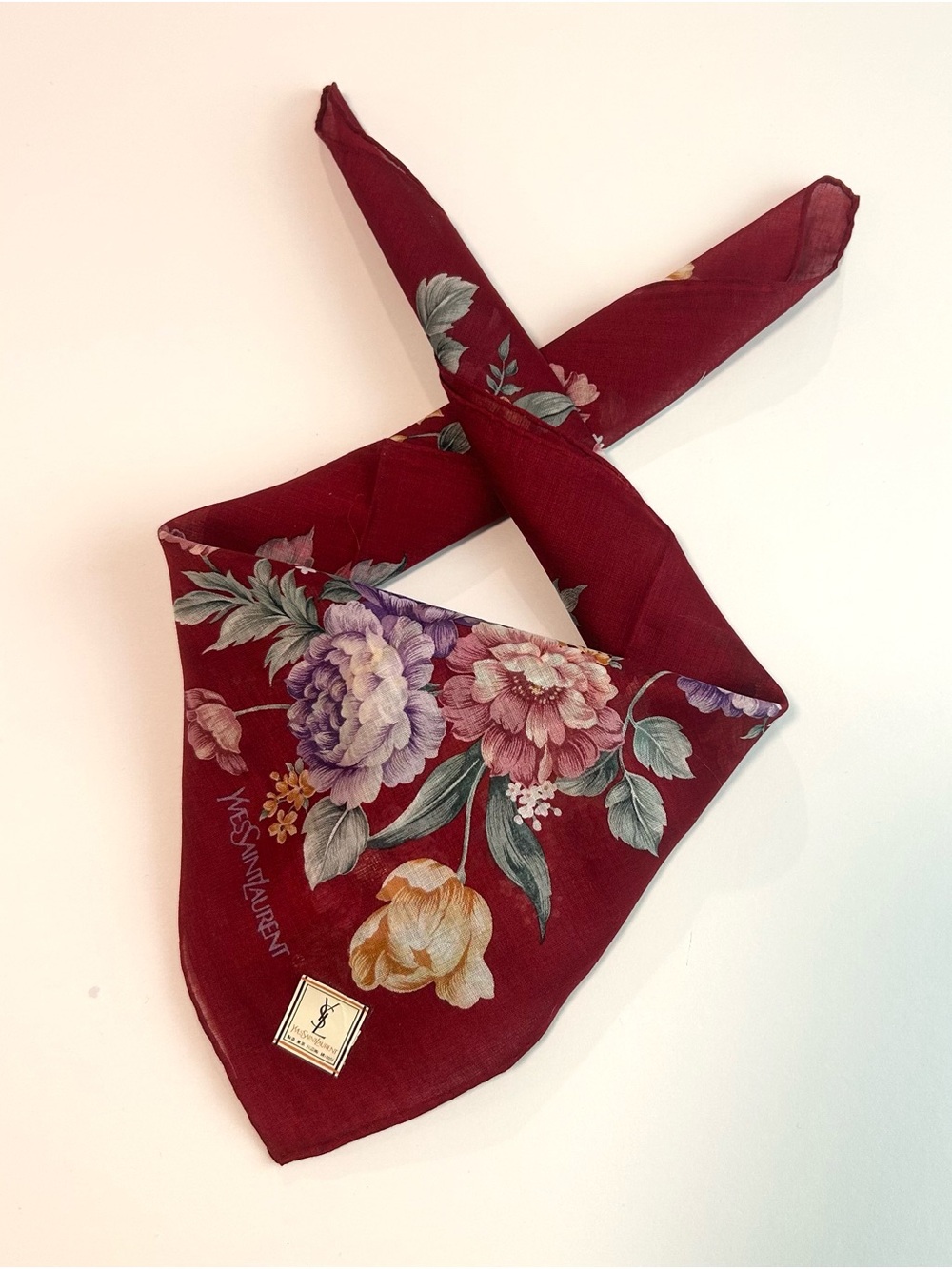 NWT Women Handkerchief YSL Floral Red Rose Tulip Cotton Pocket Square 18”